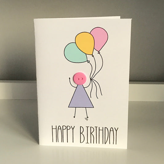 Girl, Holding 3 Balloons - Happy Birthday Card